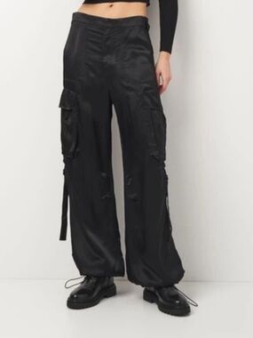 Zara Black Cargo Satin Drawstring Pants